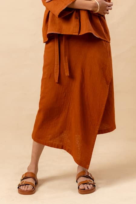 Buy Doodlage Orange Cotton Collared Rust Organic Shirt And Skirt Set Online at Aza Fashions Buy_Doodlage_Orange Cotton Collared Rust Organic Shirt And Skirt Set _Online_at_Aza_Fashions