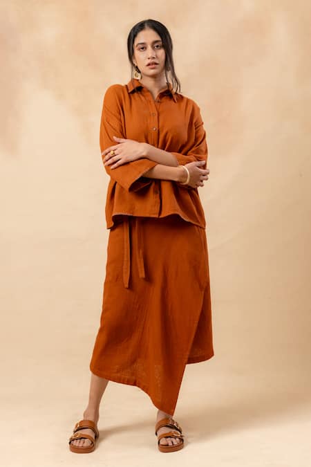 Shop Doodlage Orange Cotton Collared Rust Organic Shirt And Skirt Set Online at Aza Fashions Shop_Doodlage_Orange Cotton Collared Rust Organic Shirt And Skirt Set _Online_at_Aza_Fashions