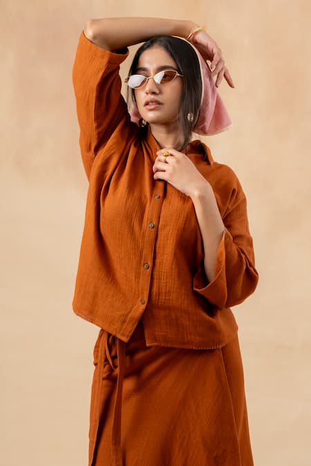 Shop Doodlage Orange Cotton Collared Rust Organic Shirt And Skirt Set Shop_Doodlage_Orange Cotton Collared Rust Organic Shirt And Skirt Set