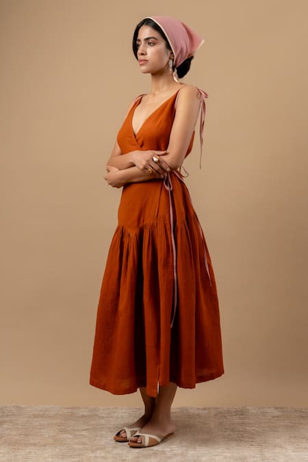 Buy Doodlage Orange Cotton V-neck Rust Organic Dress Online at Aza Fashions Buy_Doodlage_Orange Cotton V-neck Rust Organic Dress _Online_at_Aza_Fashions