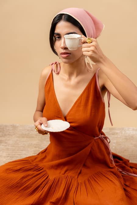Doodlage Orange Cotton V-neck Rust Organic Dress at Aza Fashions Doodlage_Orange Cotton V-neck Rust Organic Dress _at_Aza_Fashions