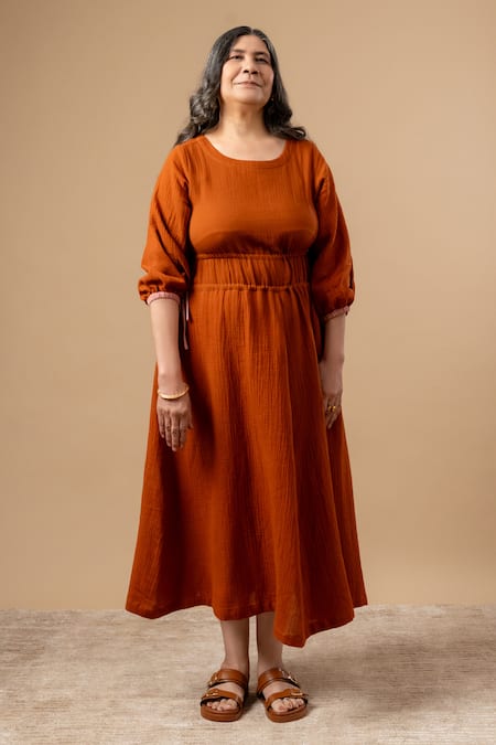 Doodlage Orange Cotton Round Neck Rust Organic Dress Online at Aza Fashions Doodlage_Orange Cotton Round Neck Rust Organic Dress _Online_at_Aza_Fashions