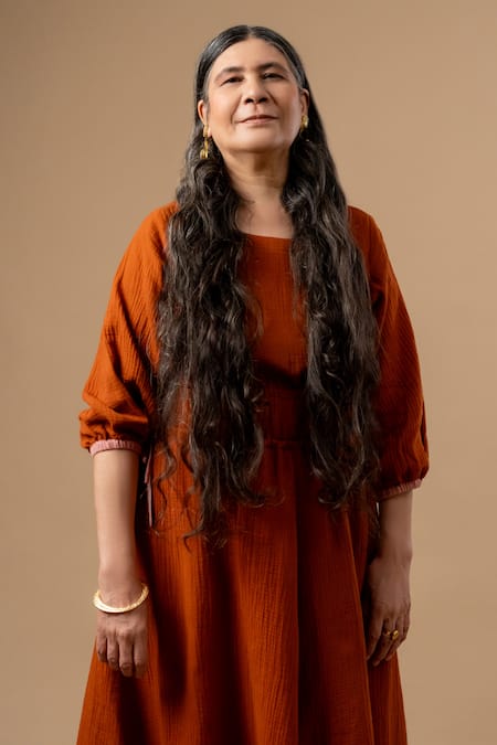 Shop Doodlage Orange Cotton Round Neck Rust Organic Dress Online at Aza Fashions Shop_Doodlage_Orange Cotton Round Neck Rust Organic Dress _Online_at_Aza_Fashions