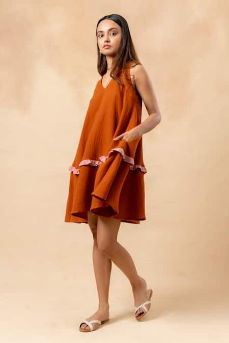 Doodlage_Orange Cotton Ruffles V-neck Rust Organic Dress _Online_at_Aza_Fashions