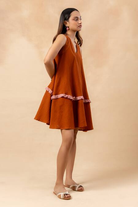 Buy_Doodlage_Orange Cotton Ruffles V-neck Rust Organic Dress _Online_at_Aza_Fashions