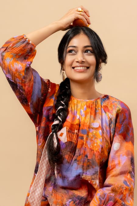 Doodlage Orange Cotton Round Neck Rust Organic Dress Online at Aza Fashions Doodlage_Orange Cotton Round Neck Rust Organic Dress _Online_at_Aza_Fashions