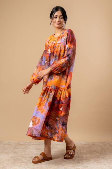 Buy Doodlage Orange Cotton Round Neck Rust Organic Dress Online at Aza Fashions Buy_Doodlage_Orange Cotton Round Neck Rust Organic Dress _Online_at_Aza_Fashions