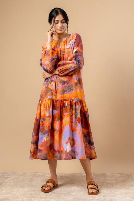 Shop Doodlage Orange Cotton Round Neck Rust Organic Dress Online at Aza Fashions Shop_Doodlage_Orange Cotton Round Neck Rust Organic Dress _Online_at_Aza_Fashions