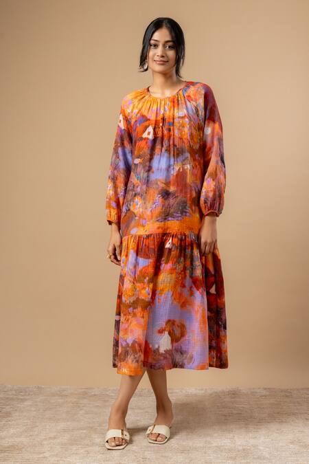 Doodlage Orange Cotton Round Neck Rust Organic Dress at Aza Fashions Doodlage_Orange Cotton Round Neck Rust Organic Dress _at_Aza_Fashions
