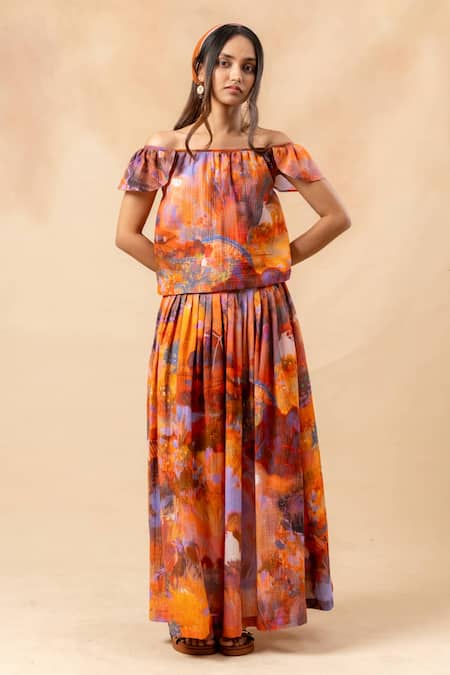 Doodlage_Orange Cotton Off-shoulder Artisanal Rust Crop Top And Skirt Set _Online_at_Aza_Fashions