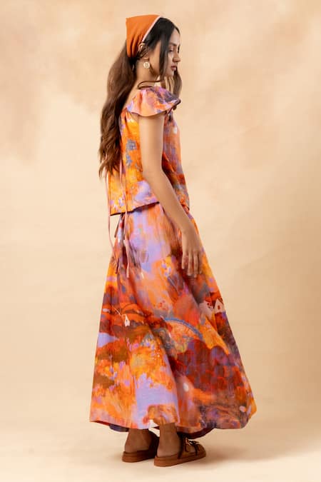 Buy_Doodlage_Orange Cotton Off-shoulder Artisanal Rust Crop Top And Skirt Set _Online_at_Aza_Fashions
