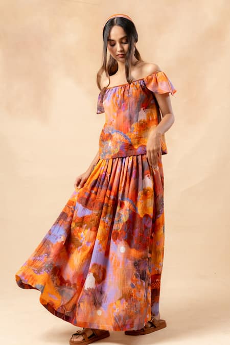 Doodlage Artisanal Rust Orange Crop Top & Skirt Set 