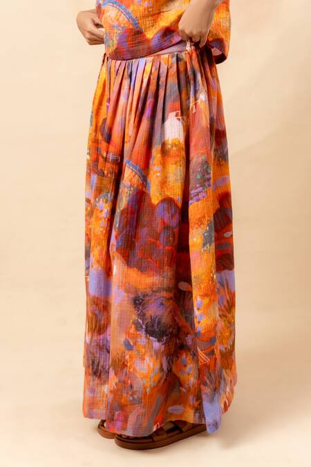 Doodlage_Orange Cotton Off-shoulder Artisanal Rust Crop Top And Skirt Set _at_Aza_Fashions