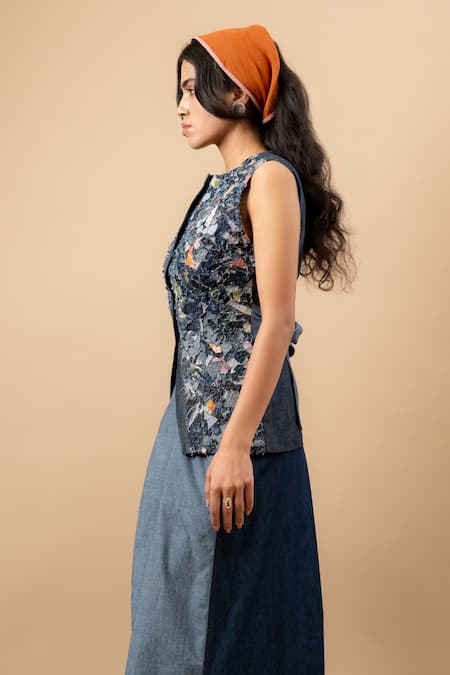 Doodlage_Blue Denim Embroidery Round Neck Artisanal Upcycled Jacket _Online_at_Aza_Fashions