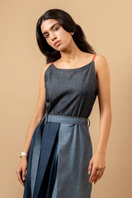 Doodlage_Blue Denim Round Neck Upcycled Dress With Belt _Online_at_Aza_Fashions