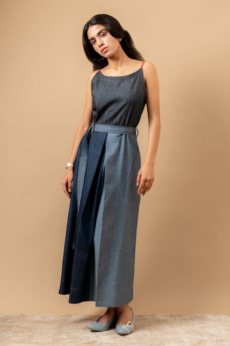 Shop_Doodlage_Blue Denim Round Neck Upcycled Dress With Belt _Online_at_Aza_Fashions