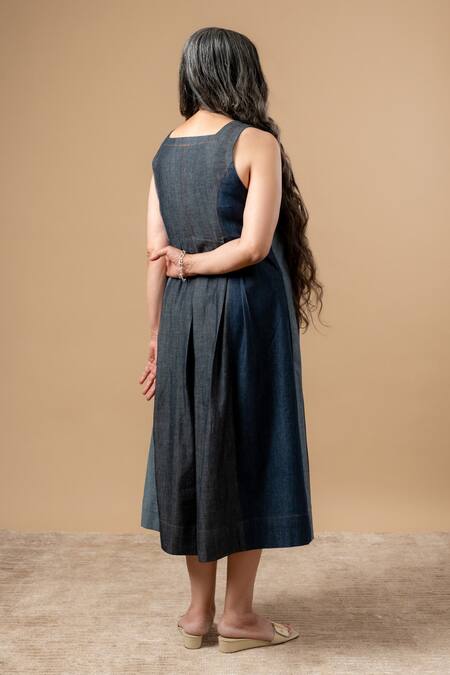 Doodlage_Blue Denim Square Neck Upcycled Dress _Online_at_Aza_Fashions