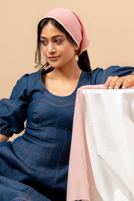 Doodlage_Blue Denim Round Neck Upcycled Dress _Online_at_Aza_Fashions