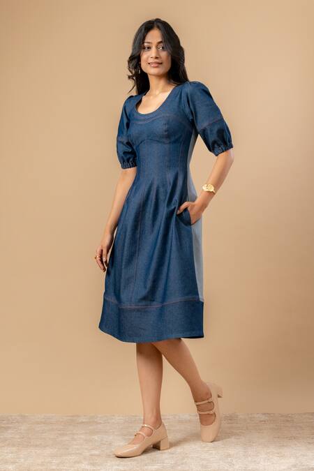 Buy_Doodlage_Blue Denim Round Neck Upcycled Dress _Online_at_Aza_Fashions