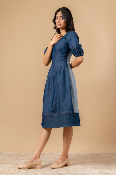 Shop_Doodlage_Blue Denim Round Neck Upcycled Dress _Online_at_Aza_Fashions