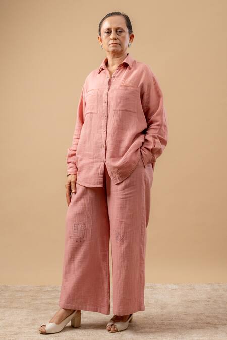 Buy_Doodlage_Pink Cotton Embroidery Collared Organic Shirt _Online_at_Aza_Fashions