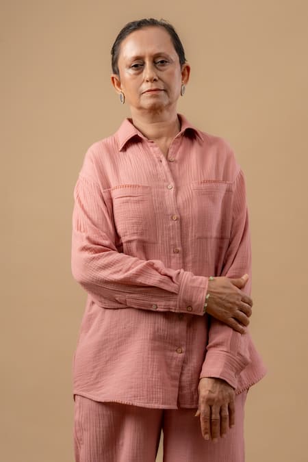 Doodlage Pink Cotton Embroidery Collared Organic Shirt 