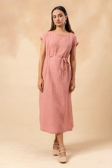 Doodlage_Pink Cotton Embroidery Round Neck Organic Midi Dress With Belt _Online_at_Aza_Fashions