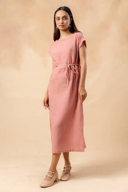 Buy_Doodlage_Pink Cotton Embroidery Round Neck Organic Midi Dress With Belt _Online_at_Aza_Fashions