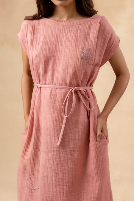 Shop_Doodlage_Pink Cotton Embroidery Round Neck Organic Midi Dress With Belt _Online_at_Aza_Fashions