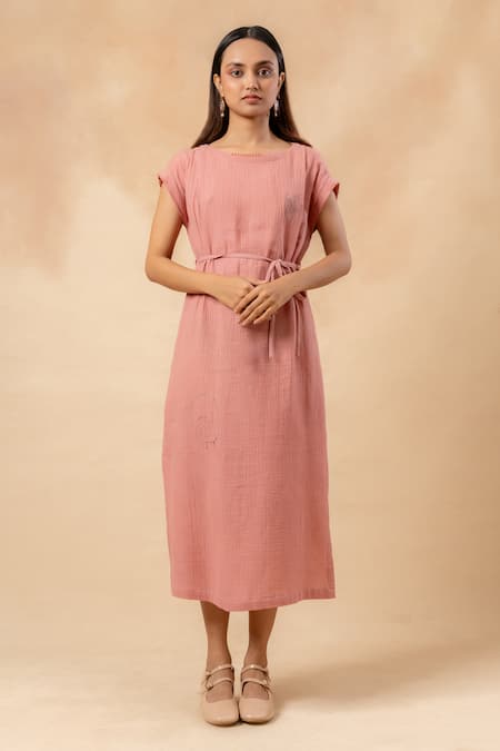 Doodlage_Pink Cotton Embroidery Round Neck Organic Midi Dress With Belt _at_Aza_Fashions