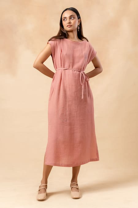 Doodlage Pink Cotton Embroidery Round Neck Organic Midi Dress With Belt