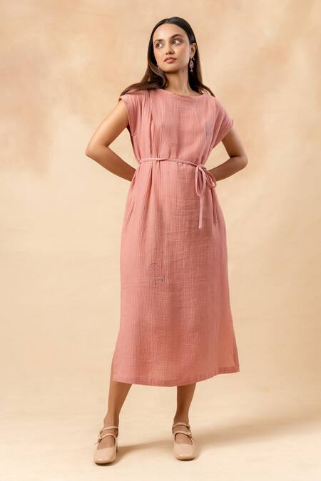 Buy_Doodlage_Pink Cotton Embroidery Round Neck Organic Midi Dress With Belt 