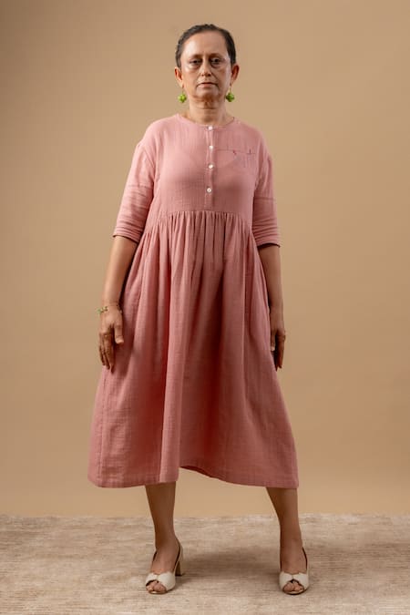 Doodlage Pink Cotton Embroidery Round Neck Organic Dress 