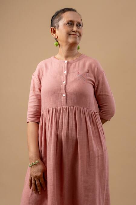 Buy_Doodlage_Pink Cotton Embroidery Round Neck Organic Dress _Online_at_Aza_Fashions