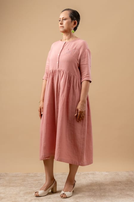 Shop_Doodlage_Pink Cotton Embroidery Round Neck Organic Dress _Online_at_Aza_Fashions