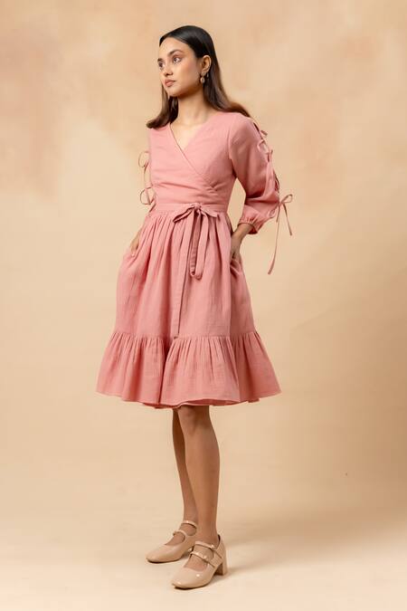 Doodlage Pink Cotton V-neck Organic Dress Online at Aza Fashions Doodlage_Pink Cotton V-neck Organic Dress _Online_at_Aza_Fashions