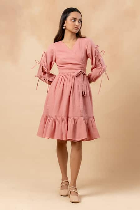 Buy Doodlage Pink Cotton V-neck Organic Dress Online at Aza Fashions Buy_Doodlage_Pink Cotton V-neck Organic Dress _Online_at_Aza_Fashions