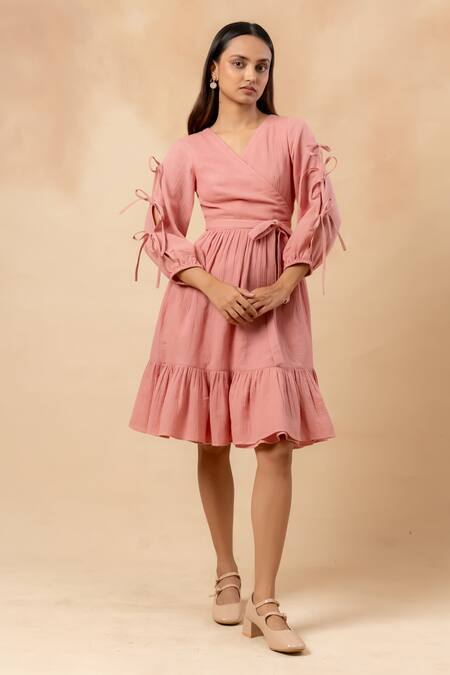 Shop Doodlage Pink Cotton V-neck Organic Dress Online at Aza Fashions Shop_Doodlage_Pink Cotton V-neck Organic Dress _Online_at_Aza_Fashions