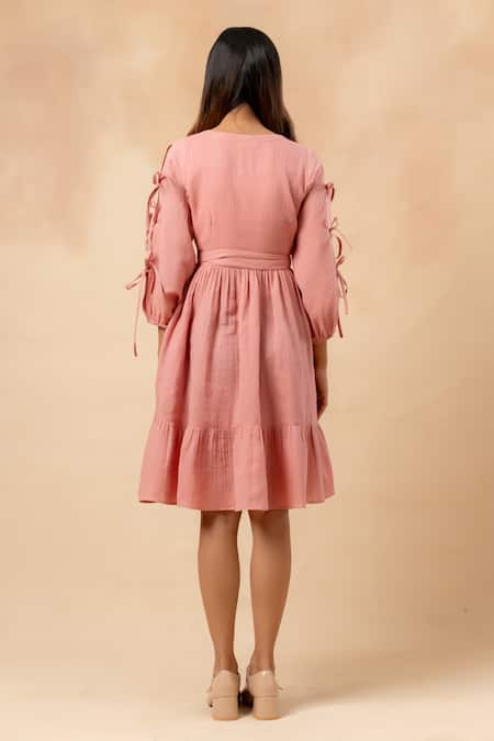 Shop Doodlage Pink Cotton V-neck Organic Dress at Aza Fashions Shop_Doodlage_Pink Cotton V-neck Organic Dress _at_Aza_Fashions