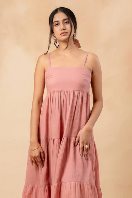 Doodlage_Pink Cotton Square Neck Organic Tiered Dress _Online_at_Aza_Fashions