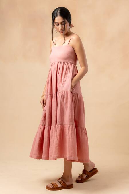 Shop_Doodlage_Pink Cotton Square Neck Organic Tiered Dress _Online_at_Aza_Fashions