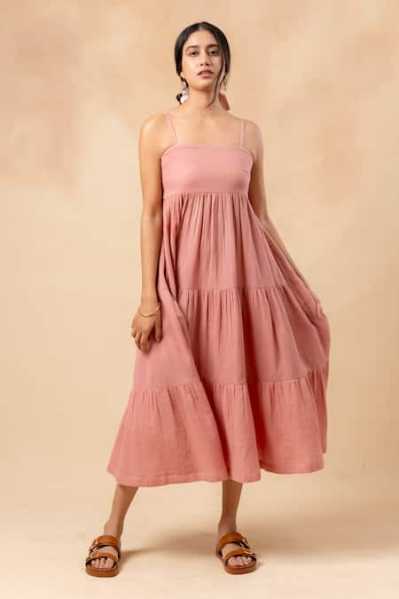 Doodlage_Pink Cotton Square Neck Organic Tiered Dress _at_Aza_Fashions