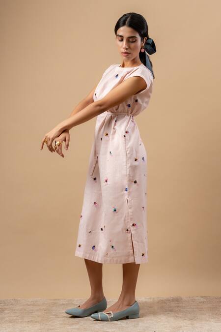 Doodlage_Pink Linen Round Neck Printed Dress With Belt _Online_at_Aza_Fashions