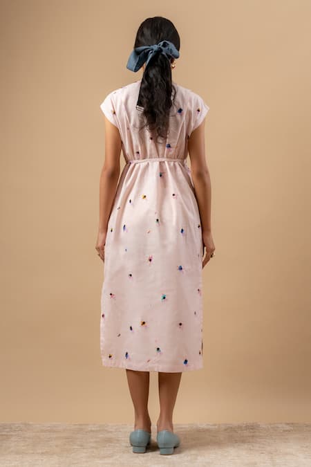 Doodlage Pink Printed Linen Dress With Belt 
