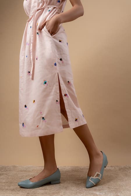 Buy_Doodlage_Pink Linen Round Neck Printed Dress With Belt _Online_at_Aza_Fashions
