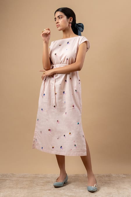 Shop_Doodlage_Pink Linen Round Neck Printed Dress With Belt _Online_at_Aza_Fashions