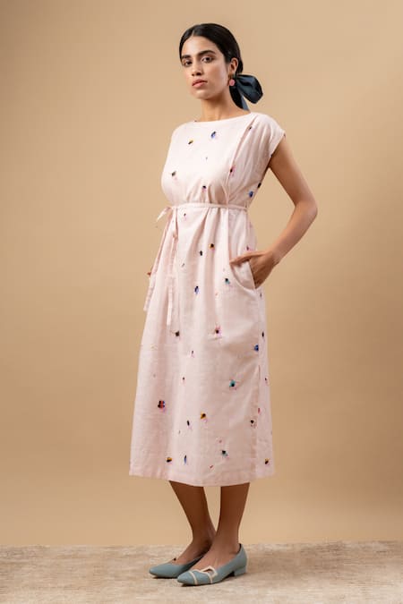 Doodlage_Pink Linen Round Neck Printed Dress With Belt _at_Aza_Fashions