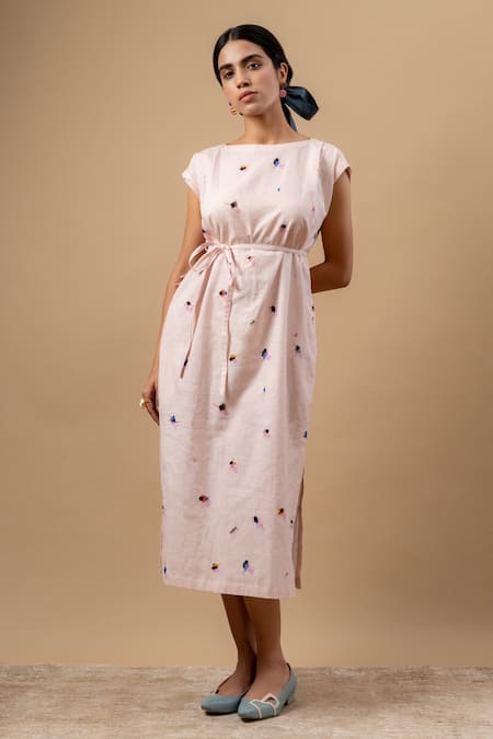 Doodlage Pink Linen Round Neck Printed Dress With Belt
