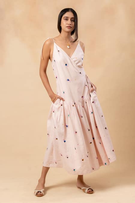 Doodlage Pink Linen V-neck Printed Dress 