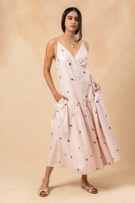 Doodlage_Pink Linen V-neck Printed Dress _Online_at_Aza_Fashions